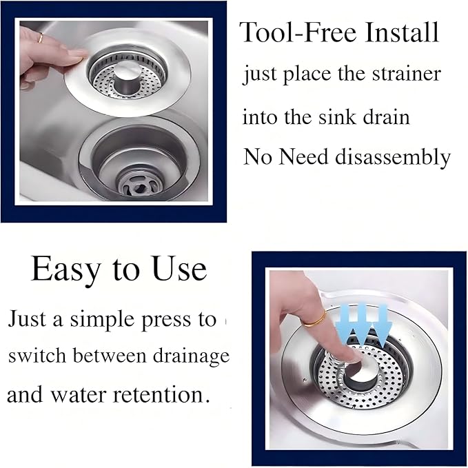 1Count 3-in-1 Kitchen Sink Drain Strainer & Stopper - SUS 304 Stainless Steel Pop Up Plug with Anti-Clog Basket & Odor Prevention, Fits US Standard 3-1/2'' Drain Hole