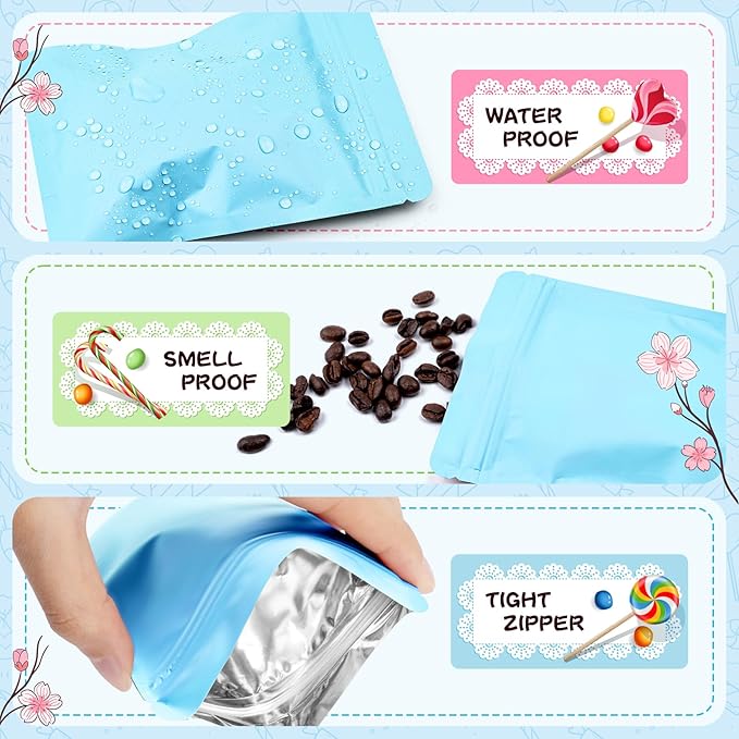 Funfery 100 Pack Blue Mylar Packaging Bags Resealable Bags Double Sided Color Odor Proof Pouch Baggies Smell Proof Foil Bag for Food Storage,Small Business(Blue,3x4inch)