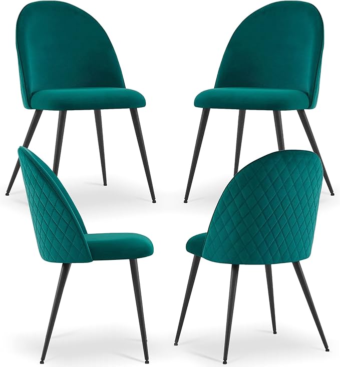 Contemporary Home Kitchen Dining Chair Set of 4,Nice Velvet Living Reception Chair No Arms with Metal Legs,Soft Cushion & Adjustable Feet Cover for Vanity,Dining,Dark Green