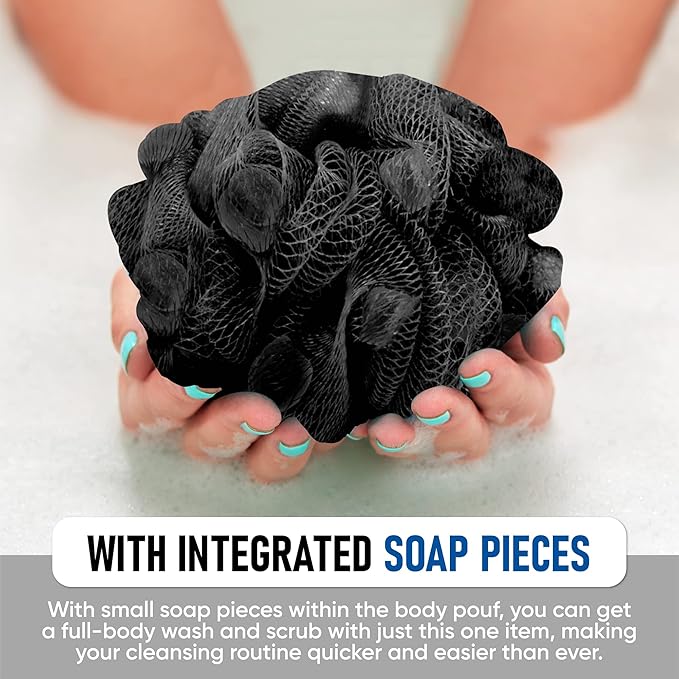 T.Taio Esponjabon Shower Bath Puff Soap Sponge- Loofah Luffa Loufa Body Wash Ball - Mesh Pouf Scrubber for Full Cleanse Lather Skin Care - Essential Beauty Bathroom Accessories - Charcoal Scent