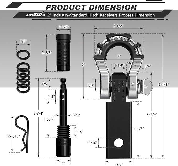 AUTMATCH Shackle Hitch Receiver 2" with 3/4" Mega D Ring Shackle and 5/8" Trailer Hitch Lock Pin, 68,000 Lbs Break Strength Heavy Duty Receiver Towing Kit for Off-Road Vehicle Recovery, Black & Silver