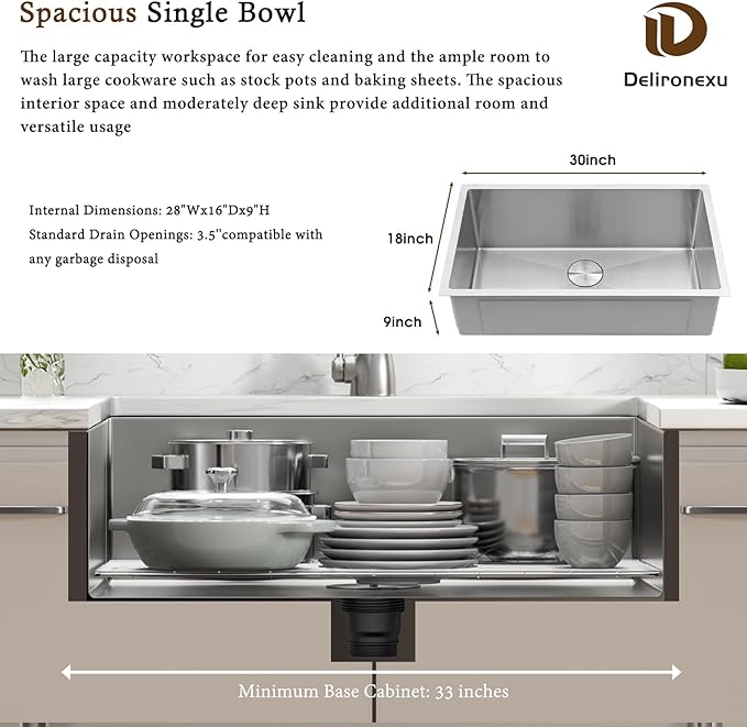 30 Inch Undermount Kitchen Sink - Delironexu 16G Stainless Steel Undermount Sink, 30''x18'' Deep Single Bowl Kitchen Sinks with 4 Accessories