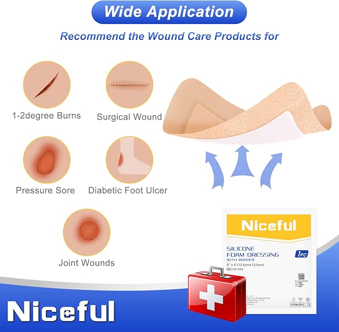 10 Count 5" x 5" Silicone Foam Dressing with Gentle Border (3" x 3" Pad) – Bandages for Wounds, Pressure Sores Post-Surgery Incisions Abrasions & Blisters, High Absorbency Wound Care