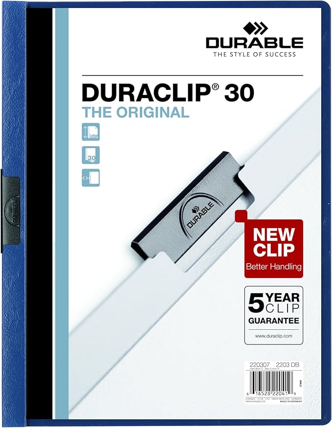 Durable Report Cover with DURACLIP Letter-Size 8.5" x 11" Inches - Holds Up to 30 Pages - Clear Cover and Dark Blue Border - Box of 25