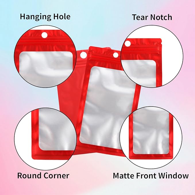 200 Pack Resealable Mylar Holographic Bags Food Storage Smell Proof Bags with Front Window Foil Packaging Pouch for Candy Sample Jewelry Small Business 4.72×7.87 Inch, Red