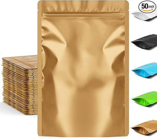 FUNFERY 4.7x7.9 inch Stand Up Mylar Resealable Bags for Food Storage,Smell Proof Foil Pouch,Food Packaging Sealable Bags,Mylar Zipper Bag for Jerky,Candy,Cereal,Coffee, Cards,Gold,50 Pack