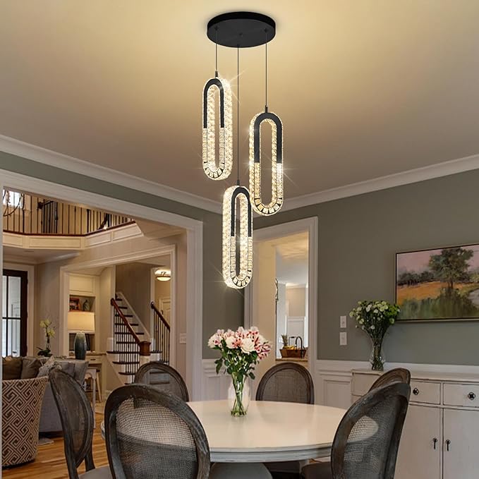 3-Light Pendant Lighting,Dining Room Chandelier Light Fixture Modern Hanging Chandeliers for Hallway Entryway Bedroom Kitchen Island (Black Crystal Chandelier)