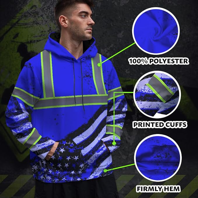 Color US Flag High Visibility Hoodie for Men Women Reflective Tapes Safety Workwear for Worker Runner Patriotic