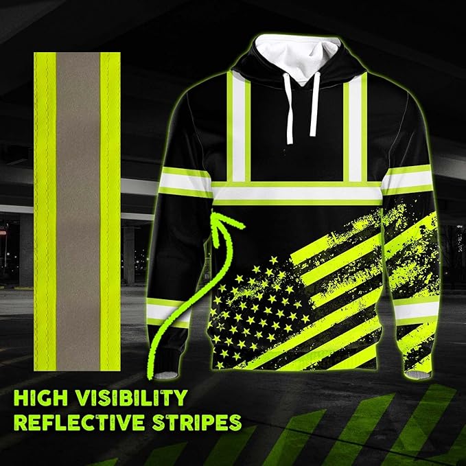 Color US Flag High Visibility Hoodie for Men Women Reflective Tapes Safety Workwear for Worker Runner Patriotic