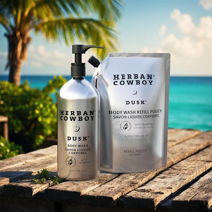 Herban Cowboy Dusk Body Wash 30 oz Aluminum Bottle and 64 oz Refillable Pounch