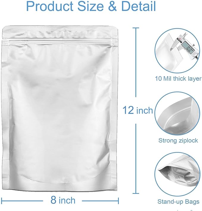 100pcs 2 QUART Mylar Bags for Food Storage - Thick 10 Mil - 8"x12" Stand Up Zipper Pouches Bags, Resealable and Heat Sealable Vacuum Sealing Bag for Long Term Food Storage