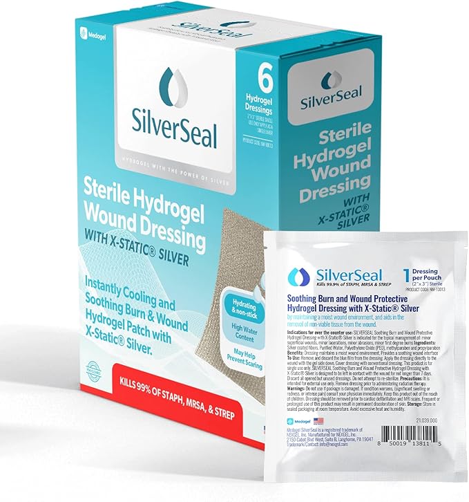 SilverSeal Burn and Wound Dressing, Hydrogel Pads with X-Static Silver, Soothing, Moist & Protective for Burns, Cuts & Wounds, 2" x 3" Sterile Dressings, 6 Count