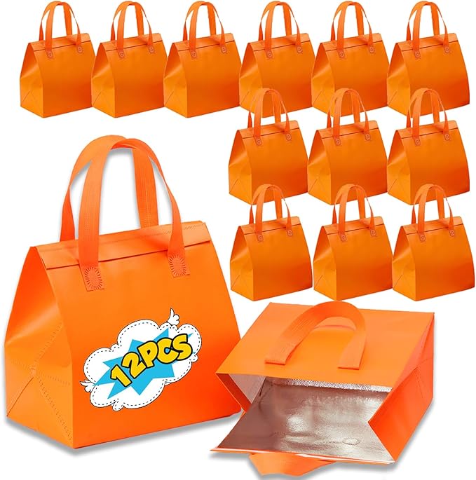 12 Pcs Insulated Take Away Bags, Disposable Lunch Bags For Food Takeaways, Coffee, Milk Tea, Seafood, Pizza, For Restaurants And Grocery Shops 9.5 x 6 x 10 In (orange)