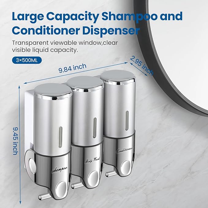 Shampoo and Conditioner Dispenser,Dispensers for The Shower,Shower Soap Dispenser 3 Chamber No Drill,Shampoo Conditioner Body Wash Dispenser Wall Mount for Bathroom(Triple x 17.6 oz,Silver)