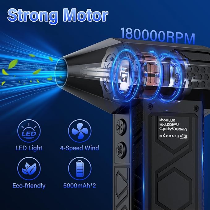 Electric Air Duster with Flashlight,180000RPM Compressed Air Duster Turbo Fan(10000mAh),Multipurpose Jet Fan,Electric Air Blower Duster with Assist Lighting, High-Speed Air Blower with 4 Gear-Black