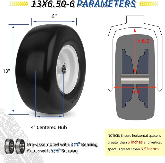 13x6.50-6 Flat Free Lawn Mower Tire and Wheel, Solid Smooth Zero Turn Mower Front Tire Assembly, with 3/4" & 5/8" Bearing, 4"-6.5" Centered Hub, Compatible with Lawnmower Garden Tractor, 2 Pack