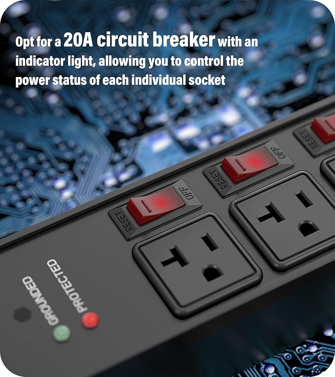 CCCEI Heavy Duty Surge Protector Power Strip 20 Amp Individual Switches. 6FT 12 Gauge Extension Cord with Multiple Outlets. Kitchen, Garage, Shop, Industrial Wall Mount Electric Extender, Black.