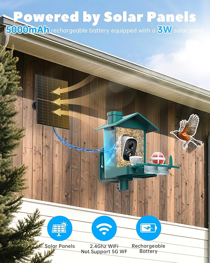 Smart Bird Feeder Camera Solar Powered, 2K Video Birdfeeder with Camera for Outdoor, 2.4Ghz WiFi AI Recognition Bird Cam, Instant Arrival Alert, IP65 Full Waterproof, Xmas Gifts for Birdlover Dad Mom