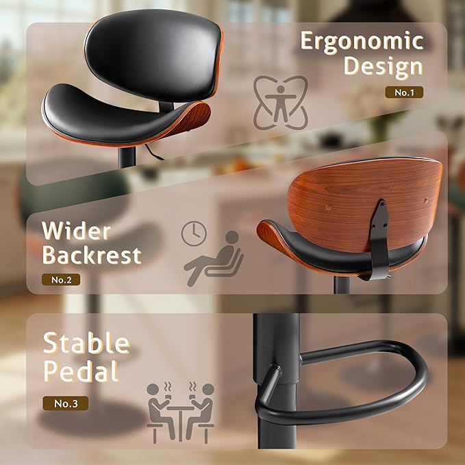 Bar Stools Set of 2 Adjustable Swivel Bentwood Barstools PU Leather Modern Bar Chairs with Back & Footrest for Bar, Kitchen Island, Dining Room (Black, Set of 2)