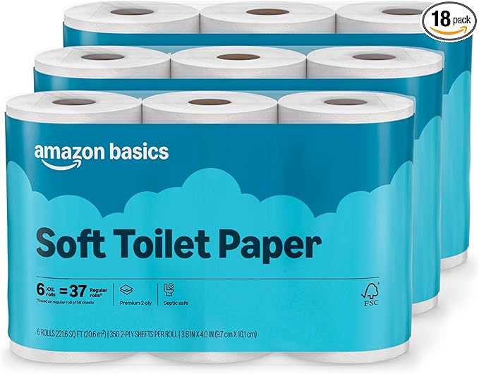 Amazon Basics 2-Ply Soft Toilet Paper, 18 Rolls (3 Packs of 6), Equivalent to 111 Regular Rolls, Packaging May Vary