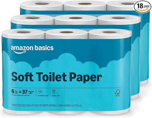 Amazon Basics 2-Ply Soft Toilet Paper, 18 Rolls (3 Packs of 6), Equivalent to 111 Regular Rolls, Packaging May Vary