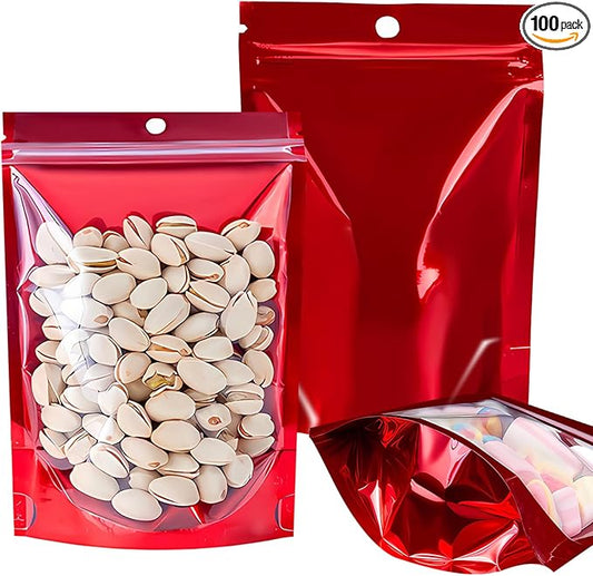100PCS Mylar Bags for Food Storage Resealable Bags for Small Business with Clear Windonw,4.7x7.9 inch Smell Proof Bags Stand Up Zip Lock Pouches Aluminum Foil Sealable Bag for Packaging Cookie,Snack