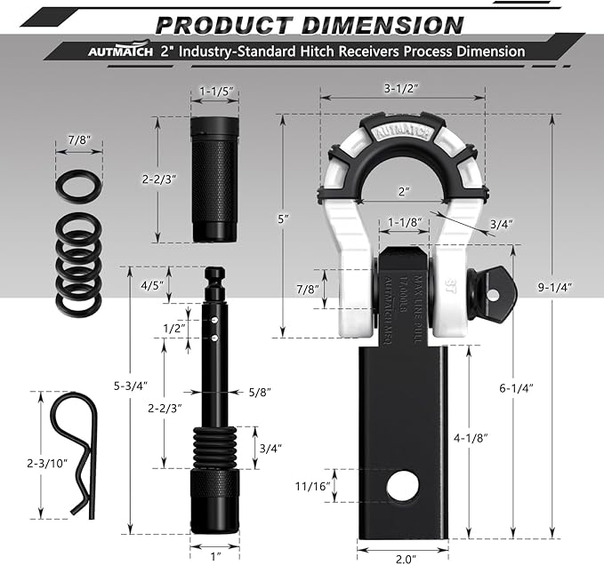 AUTMATCH Shackle Hitch Receiver 2" with 3/4" Mega D Ring Shackle and 5/8" Trailer Hitch Lock Pin, 68,000 Lbs Break Strength Heavy Duty Receiver Towing Kit for Off-Road Vehicle Recovery, Black & White