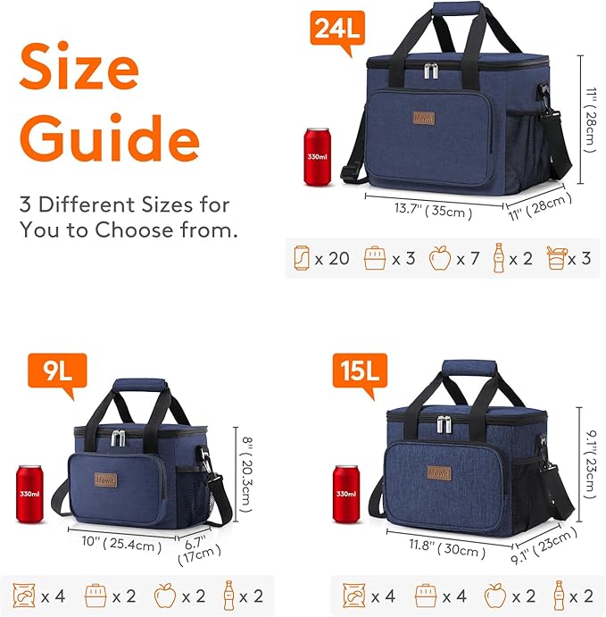 Lifewit Large Lunch Bag Insulated Lunch Box Soft Cooler Cooling Tote for Adult Men Women, Dark Blue 24-Can (15L), 11.8" × 9.1" × 9.1"