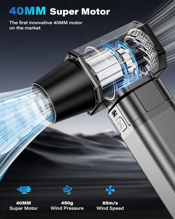 OQTIQ Electric Air Duster-Upgrade 40mm Big Motor, Compressed Air Duster with 450g Wind Pressure, 4-Gear Adjustable Cordless Air Blower for Pc, Keyboard, Car, Home Clean and Outdoor