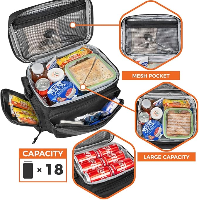 opux Tactical Lunch Box for Men, Black Mens Insulated Lunch Bag for Adult, Leakproof Soft Lunch Cooler with MOLLE Mesh Side Pockets, Multicam Heavy Duty Lunchbox Pail for Work Women, Large, 18 Cans