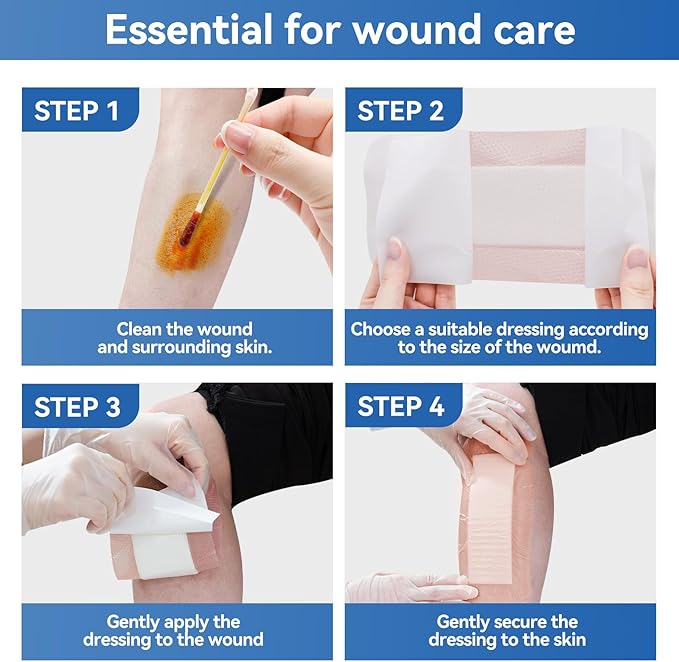 Silicone Super Absorbent Wound Dressing - 4"×8" Large Absorbant Bandages with Adhesive Borders, FSA HSA Eligible, Wound Care Dressings for Bed Sores Leg Ulcers