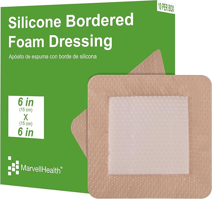 Silicone Bordered Foam Dressing 6" x 6", Pack of 10 Individual Sterile Pads, Gentle Adhesive, Water Resistant, Highly Absorbent, Reduce Sacr, for Pressure Ulcer