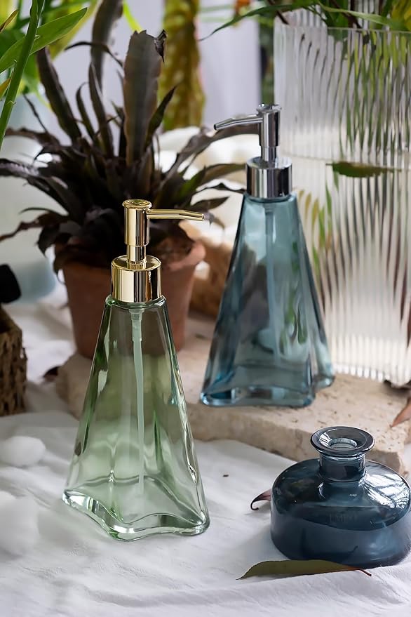 EMPO Vintage Elegant Glass Soap Dispenser, Liquid Soap/Sanitizer/Shampoo Bottle with Golden ABS Pump, Rustic Farmhouse Decor Hand Soap Dispenser Bathroom Accessories (Ripple Yellow-Green)