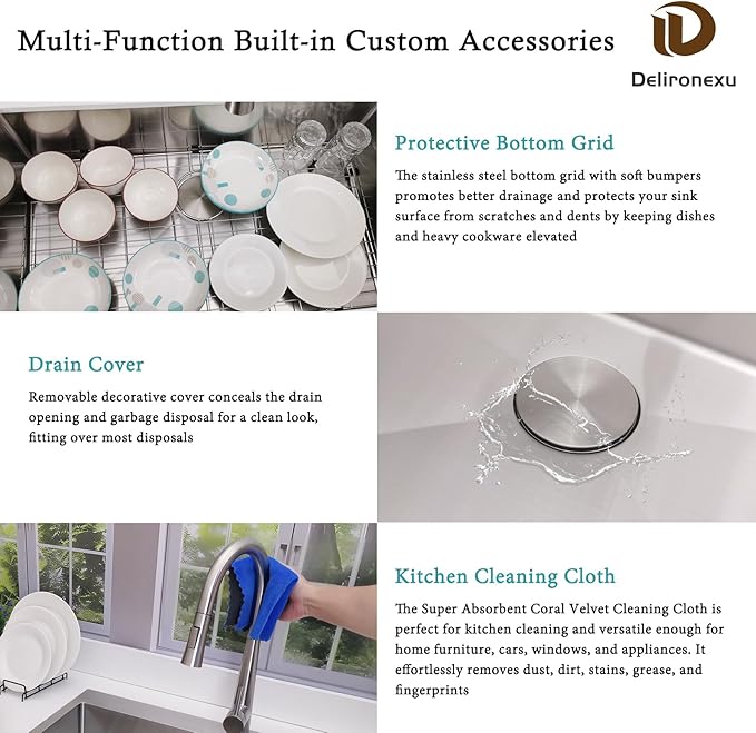 33 Inch Undermount Kitchen Sink – Delironexu 16 Gauge Stainless Steel Sink, Single Bowl Kitchen Sinks Undermount, 33x19 kitchen sink with Bottom Grid, Drain & Towel