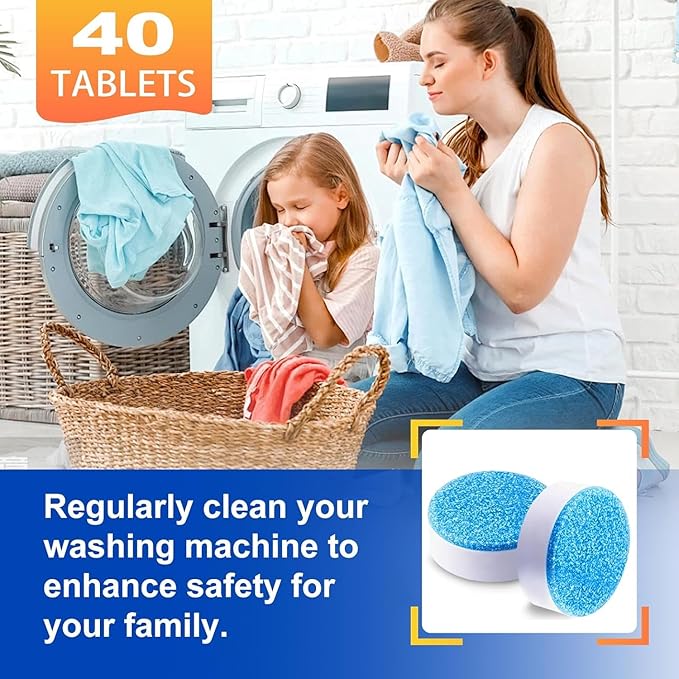 Washing Machine Cleaner Tablets 40Pcs Deep Cleaning Tablets, Compatible with HE, Top & Front Load, Deep-Clean Action – Removes residue & neutralizes odors