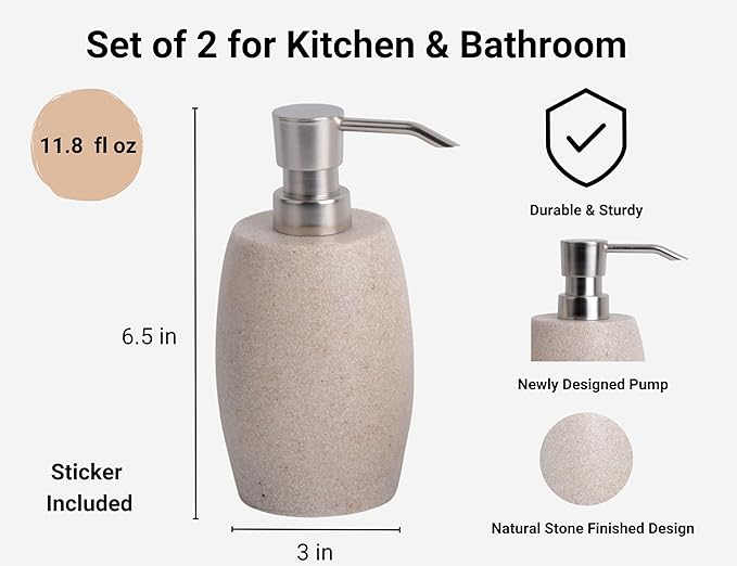Sandstone Textured Resin Soap Dispenser with Metallic Pump and Waterproof Bottle Labels for Bathroom Kitchen Dish Hand Wash Shower Lotion Shampoo, 12 Oz, 2 Sets Beige