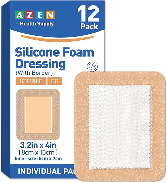 AZEN 12 Pack Silicone Foam Dressing, 3.2" X 4" Waterproof Silicone Bandages with Border Adhesive, Large Bandages for Wounds, Self Adhesive Wound Care and Dressings