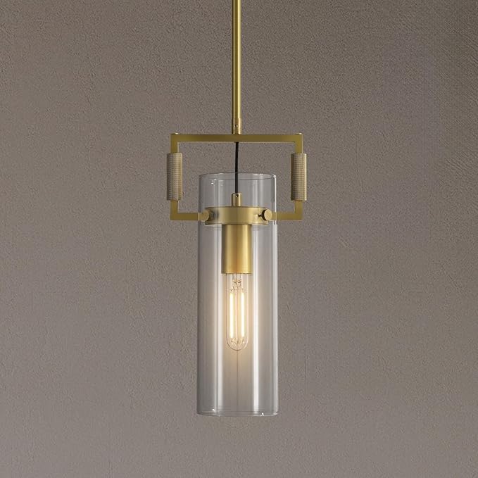 Modern Gold Kitchen Island Pendant Lights, 12 Inch 1-Light Adjustable Pendant Light with Glass Shade & Brass Finish, Hanging Light Fixture for Kitchen, Dining Room, Bathroom, Living Room