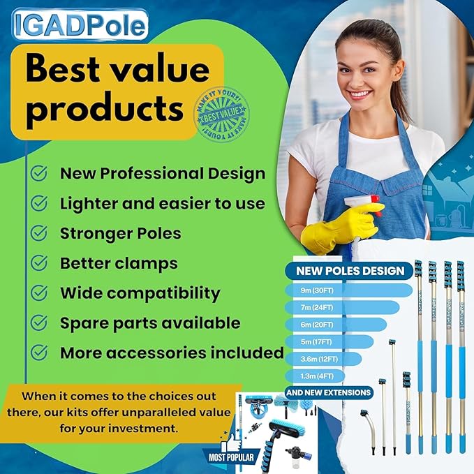 IGADPole 28ft(8.8m) Washing Kit: Water-fed Brush, Cobweb Duster and 10”(25cm) Squeegee and Soap Dispenser, Window Cleaning Pole, Water Fed Telescopic Brush, Window Cleaner Kit, Blue