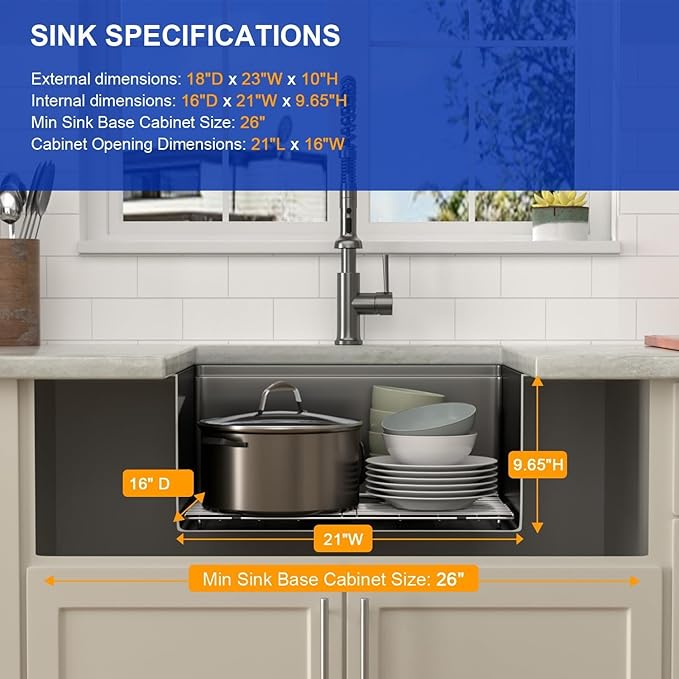 Dcolora 23 Inch Undermount Kitchen Sink Workstation Single Bowl Bar Sinks Stainnless Steel Small Kitchen Sink,DC-UW6723
