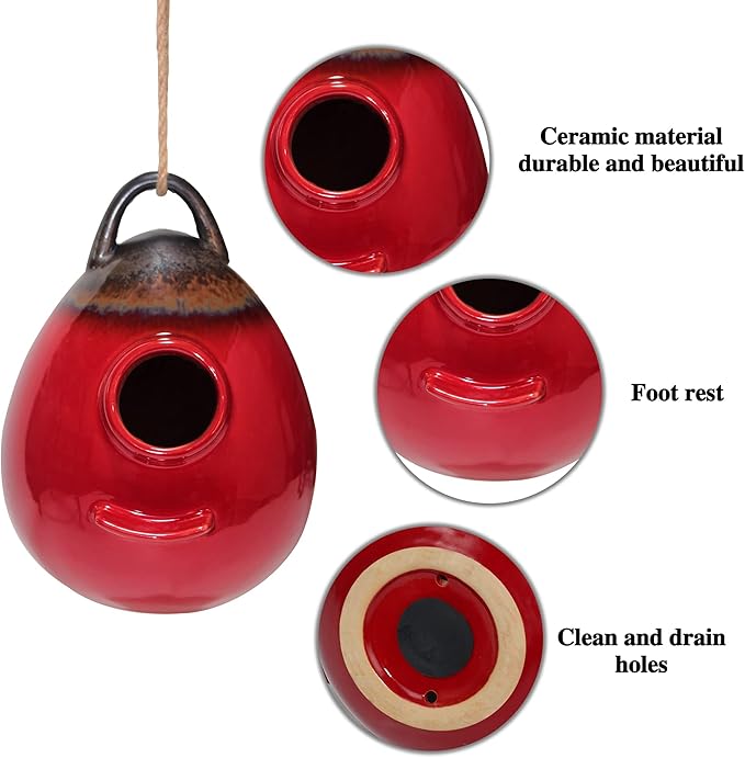 Kimdio Birdhouse Ceramic Hanging Birdhouses Bird Hut Hanging Outdoor Birdhouse for Wild Birds, Finch, Cardinal, and Bluebird - Red