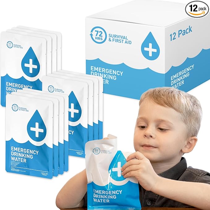 72 HRS Emergency Water Pouches - Survival Water Packets, Emergency Rations, Long Shelf Life, Survival kit (Pack of 12)