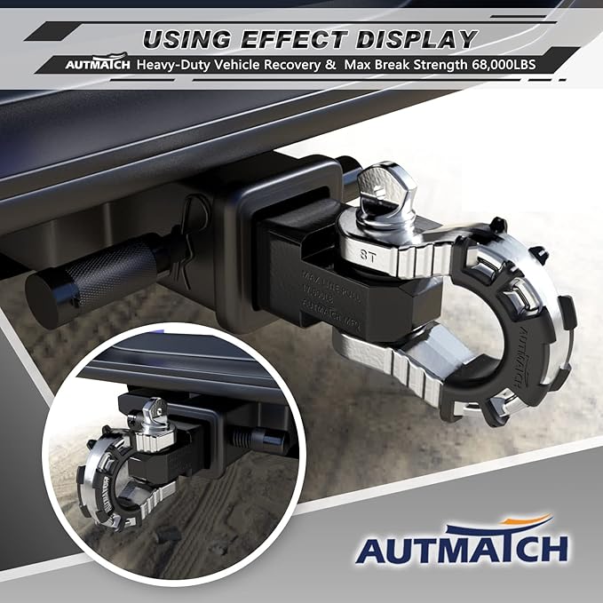 AUTMATCH Shackle Hitch Receiver 2" with 3/4" Mega D Ring Shackle and 5/8" Trailer Hitch Lock Pin, 68,000 Lbs Break Strength Heavy Duty Receiver Towing Kit for Off-Road Vehicle Recovery, Black & Silver