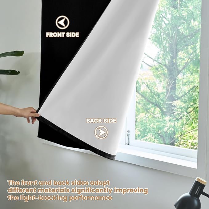 100% Blackout French Door Curtain,Adhesive, No Drilling Required,Small Curtains Designed for Installation On Doors (Black - W25 × L40 in)