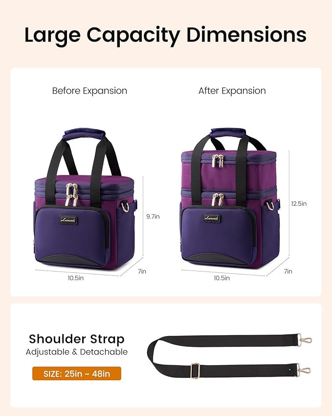 LOVEVOOK Insulated Lunch Bag For Women Men,Expandable Double Deck Lunch Box With Large Cup Holder,Leakproof Cooler Bag For Adult Lunch Tote Bag Work Picnic Beach with Adjustable Shoulder Strap Gift