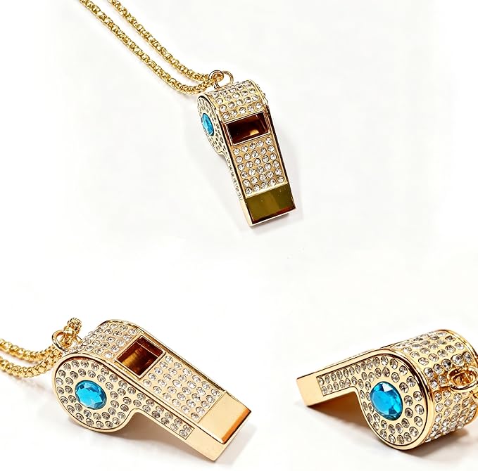 PCTC Shining Whistle,Crystal-Encrusted Metal Whistle with Decorative Chain Great for Referees, Coaches Party and Gift Accessory[Gold Exterior]
