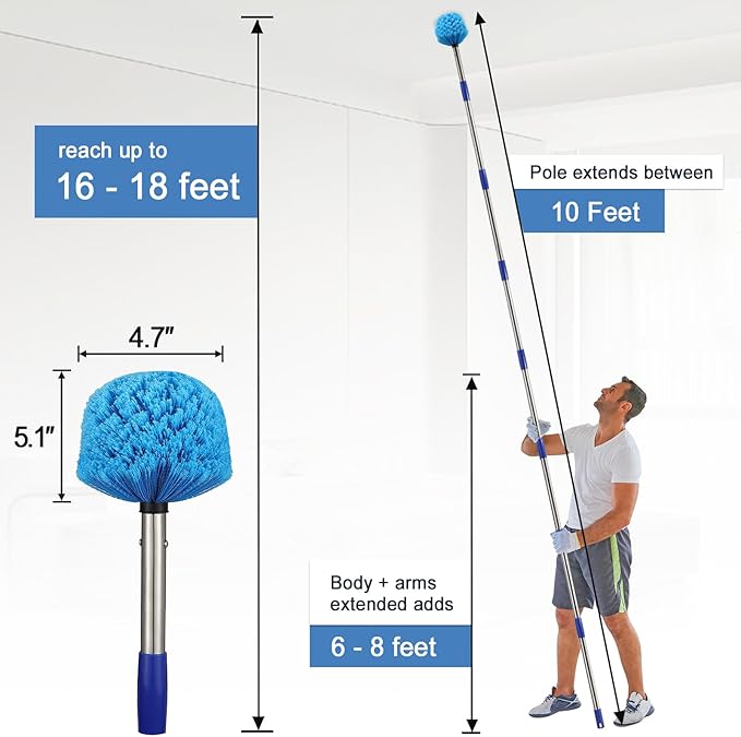 Cobweb Duster with Extension Pole, 10 FT Stiff Bristles Duster Head with Adjustable Stainless Steel Handle, Lightweight High Ceiling Brush Cleaner for Outdoor Indoor