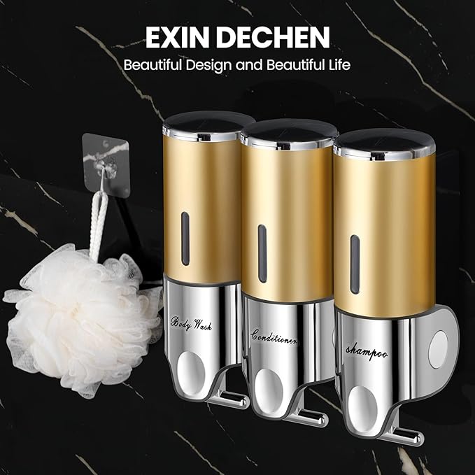 Shampoo and Conditioner Dispenser,Dispensers for The Shower,Shower Soap Dispenser 3 Chamber No Drill,Shampoo Conditioner Body Wash Dispenser Wall Mount for Bathroom(Triple x 17.6 oz,Golden)