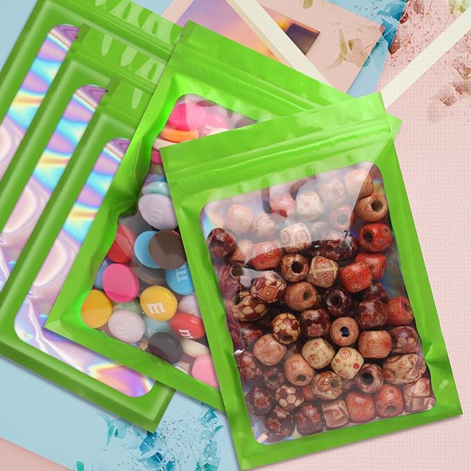 Funfery 100 pcs Green Smell Proof Mylar Holographic Bags Packaging Bags,Clear Resealable Odor Proof Bag Foil Pouch Bag for Food Storage,Lipgloss,Jewelry,Eyelash Packaging for Small Business(3x4.7In)