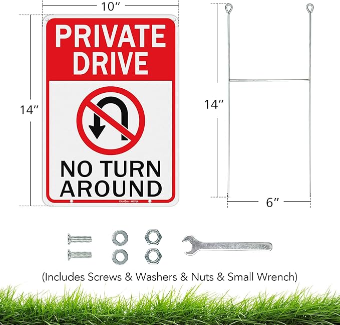 GicnKeuz Private Driveway No Turn Around with metal stake Signs, 14 x 10 Inches Reflective Aluminum Signs, Fade Resistant/Waterproof, Easy to Install, Outdoor Use （2 - Pack）